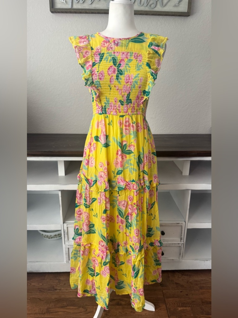 Banjanan Iris Maxi Dress Smocked Ruffle Voile Floral Women's Size M 8